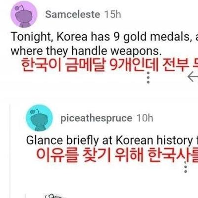 레딧 : 한국 금메달 전부 무기로 땀